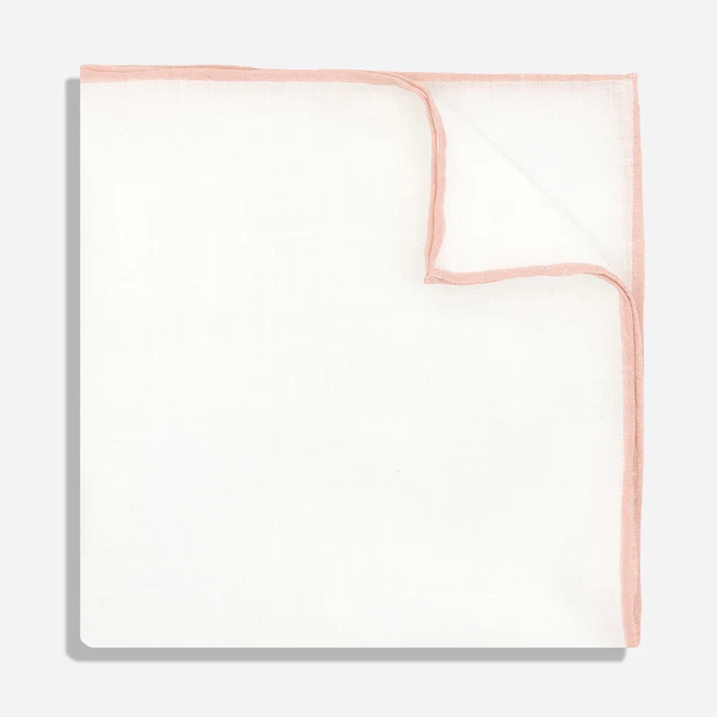 White Linen With Rolled Border Blush Pink Pocket Square