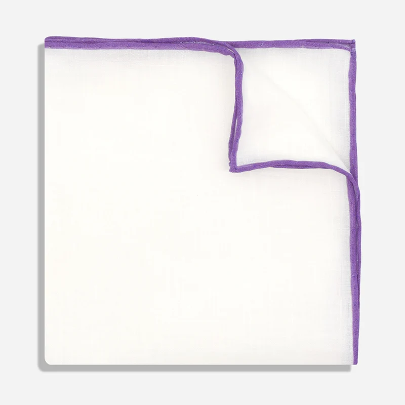 White Linen With Rolled Border Lavender Pocket Square