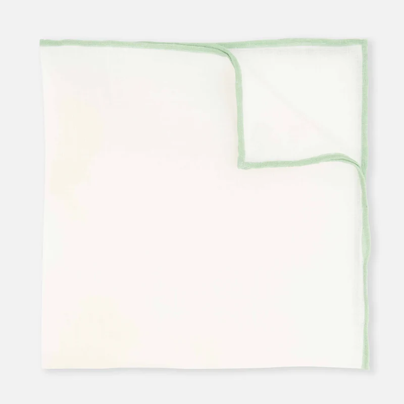 White Linen With Rolled Border Sage Green Pocket Square