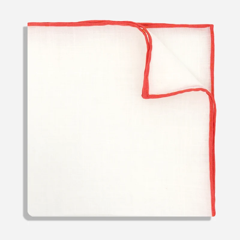 White Linen With Rolled Border Coral Pocket Square