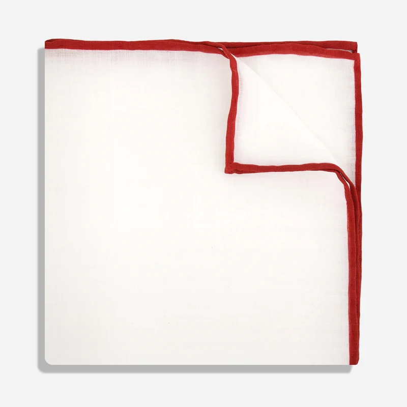 White Linen With Rolled Border Burgundy Pocket Square