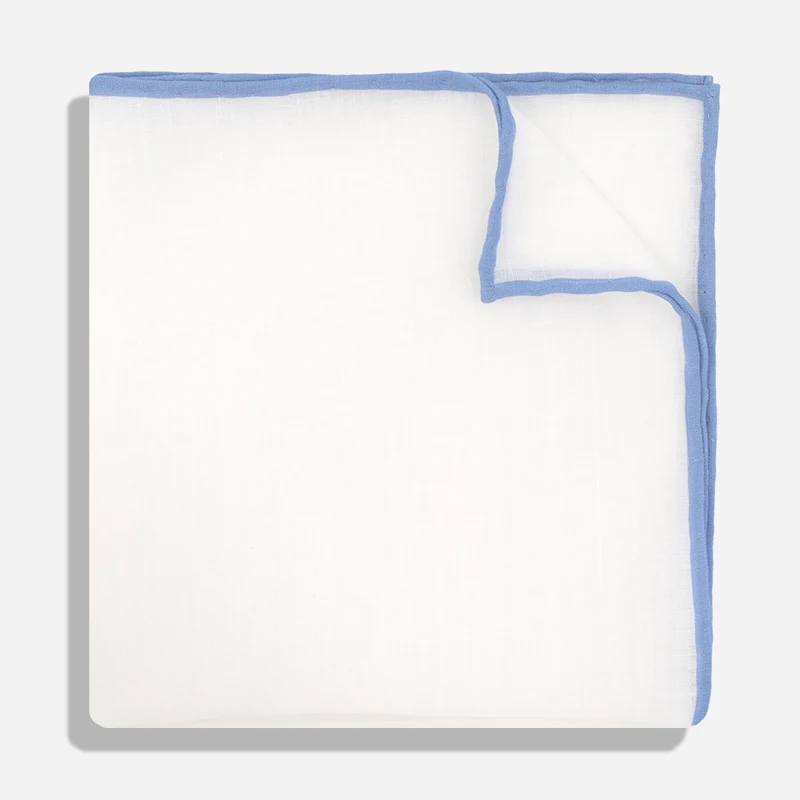 White Linen With Rolled Border Sky Blue Pocket Square