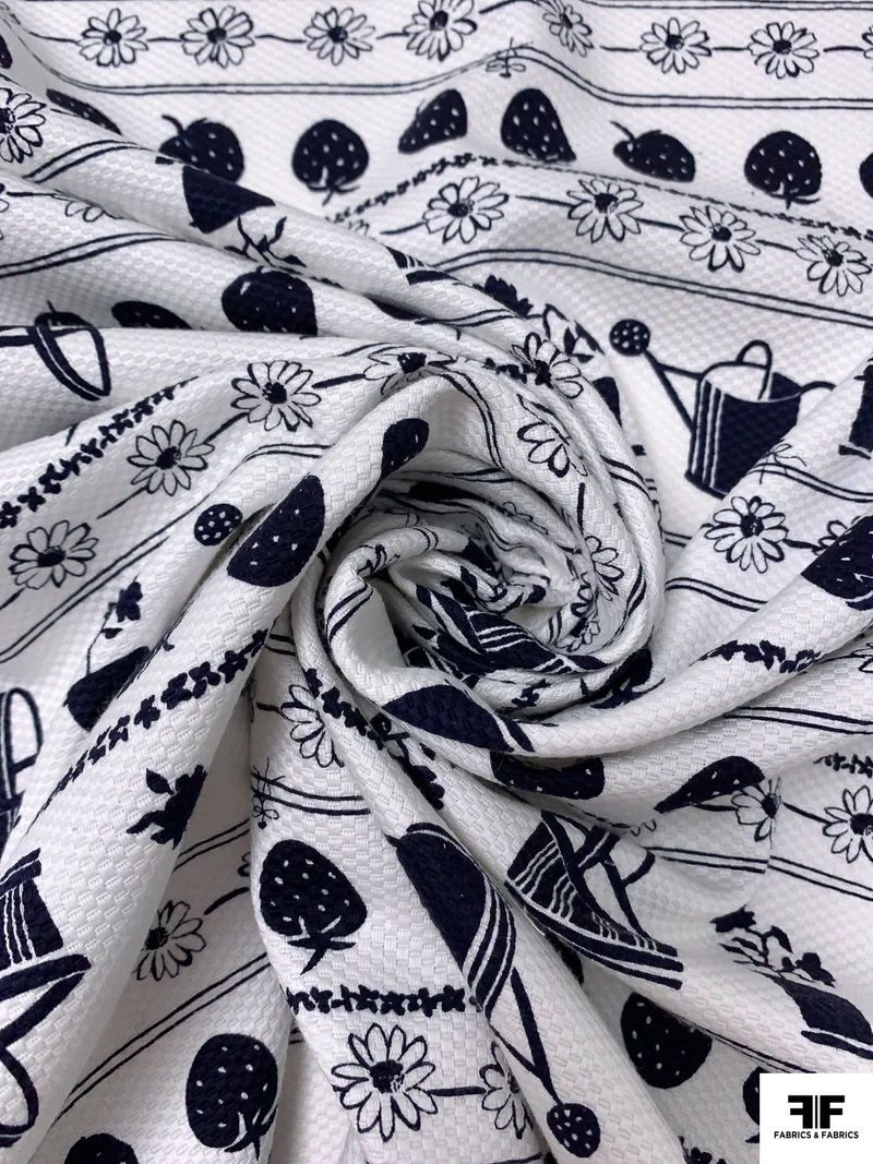 Garden Theme Striped Printed Birds Eye Cotton Pique - Navy / White