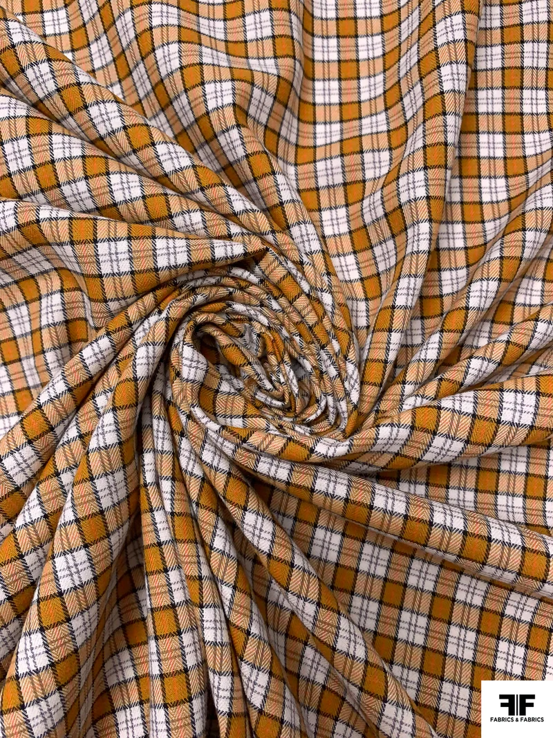 Plaid Yarn-Dyed Flannel Feel Cotton Shirting - Ochre / Black / White / Peach