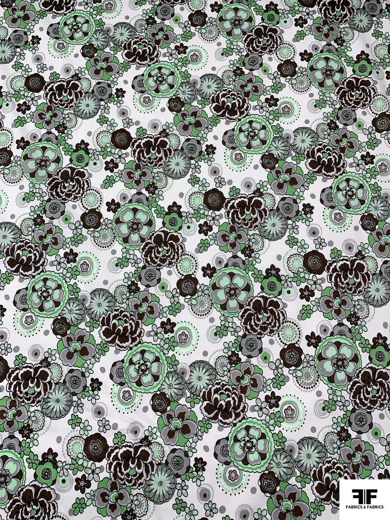 Jovial Floral Printed Stretch Fine Cotton Twill-Sateen - Greens / Brown / Grey / White