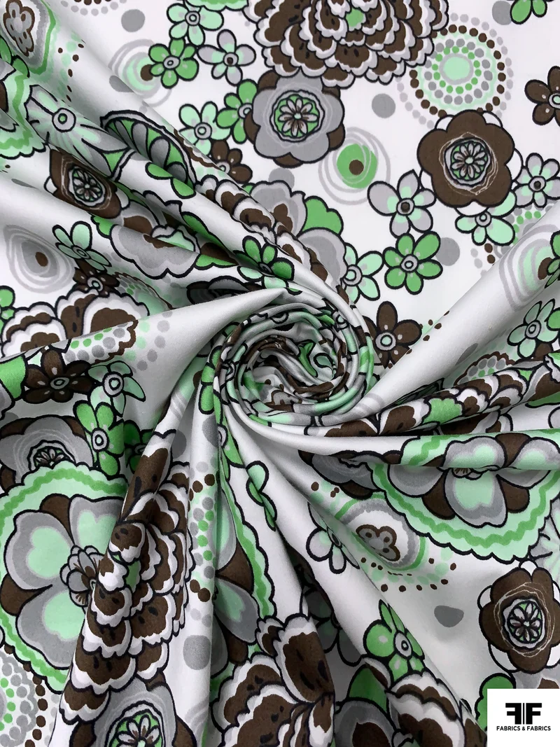 Jovial Floral Printed Stretch Fine Cotton Twill-Sateen - Greens / Brown / Grey / White