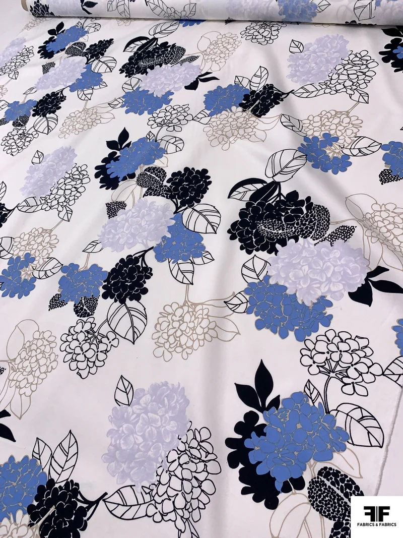 Floral Printed Fine Cotton Twill-Sateen - White / Black / Carolina Blue / Shaker Beige