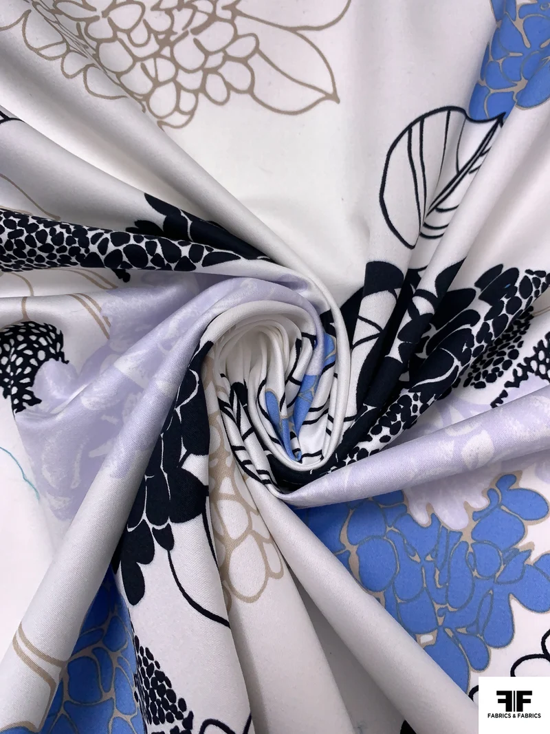 Floral Printed Fine Cotton Twill-Sateen - White / Black / Carolina Blue / Shaker Beige