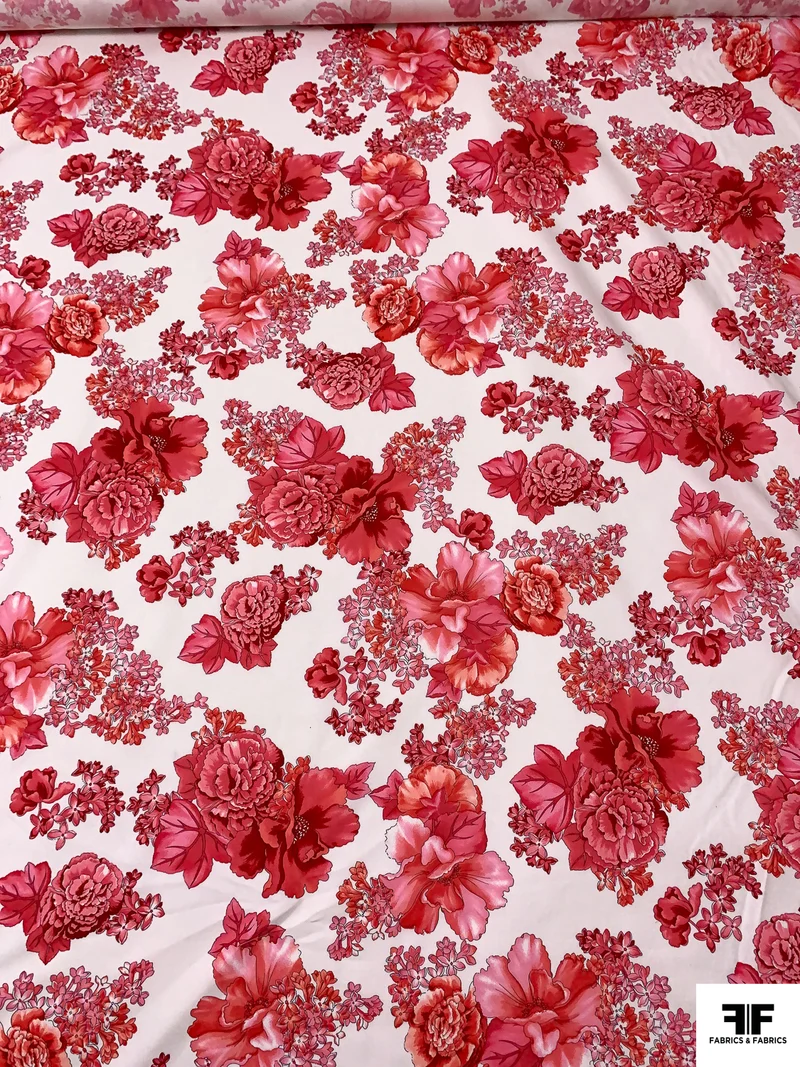Floral Printed Fine Cotton Twill-Sateen - Deep Coral / Red / Off-White