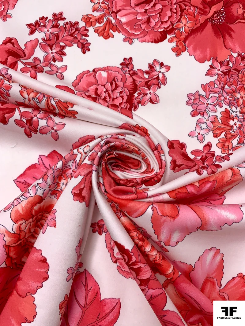 Floral Printed Fine Cotton Twill-Sateen - Deep Coral / Red / Off-White