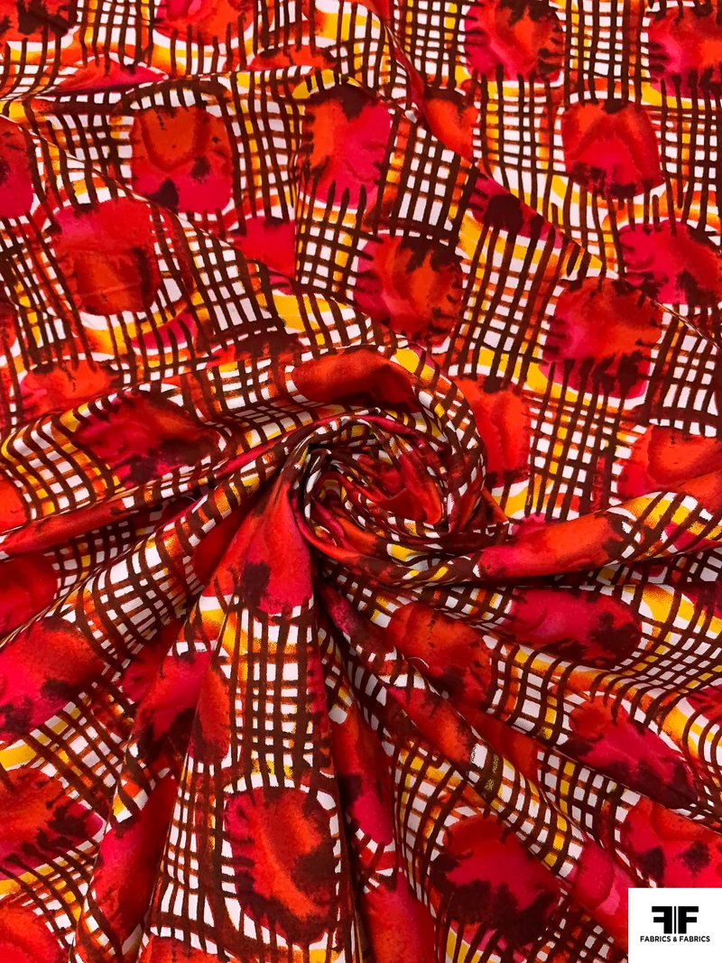 Lines and Squares Block Printed Cotton Shirting - Reds / Marigold / White