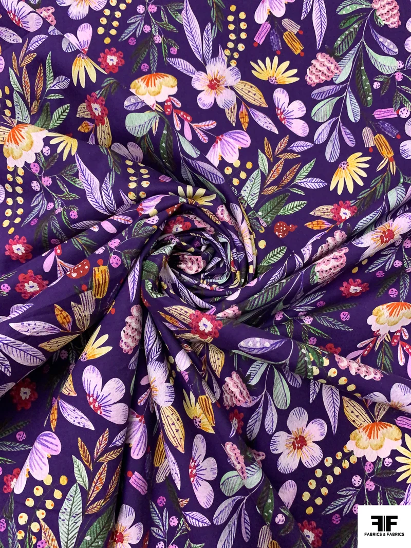 Floral Printed Cotton Shirting - Purple / Multicolor