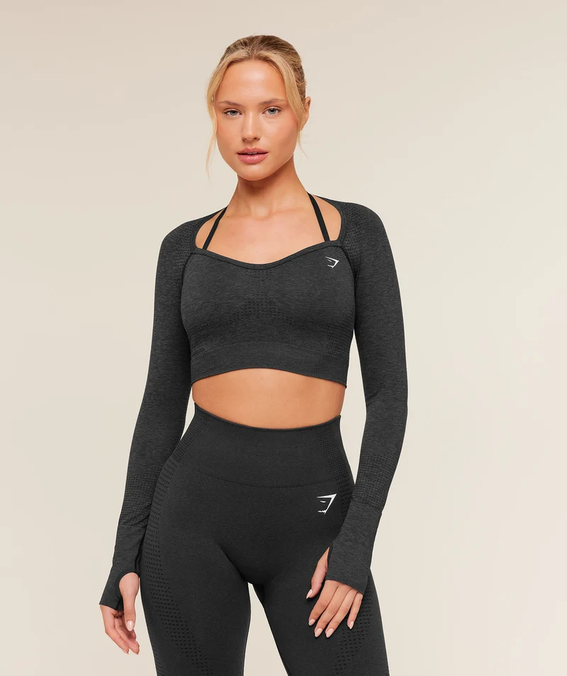 Gymshark Vital Sweetheart Neck Crop Top - Black Marl