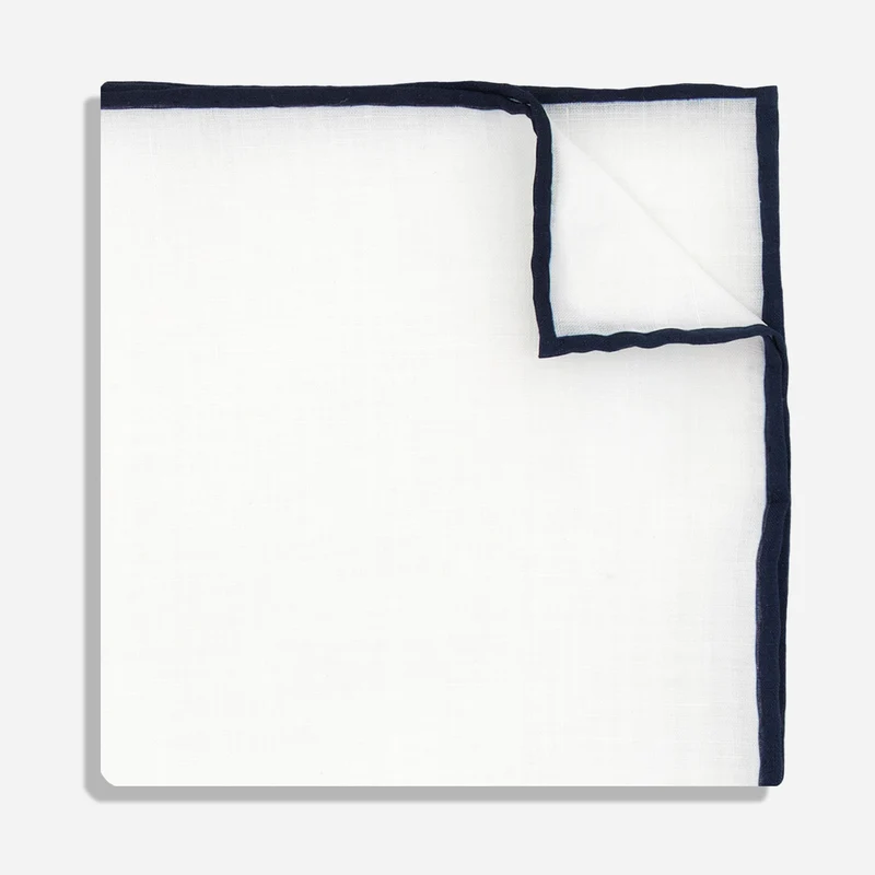 White Linen With Rolled Border Navy Pocket Square
