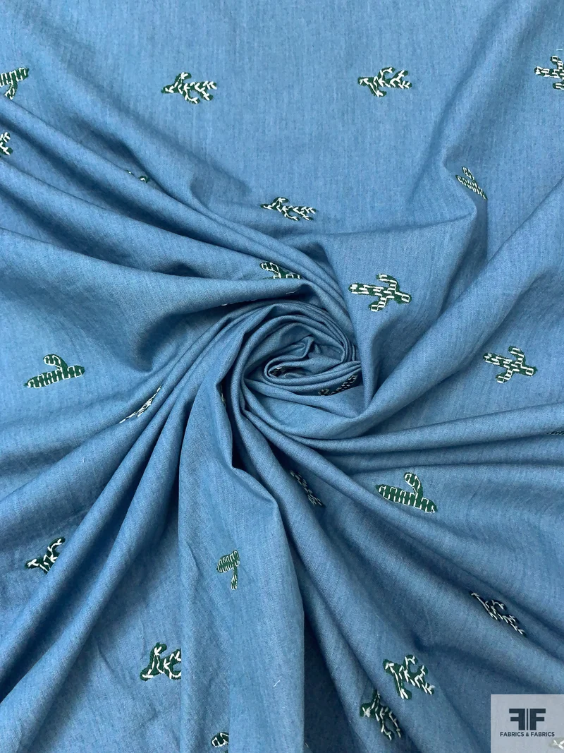 Cactus Embroidered Cotton-Poly Chambray - Light Denim Blue / Green / White