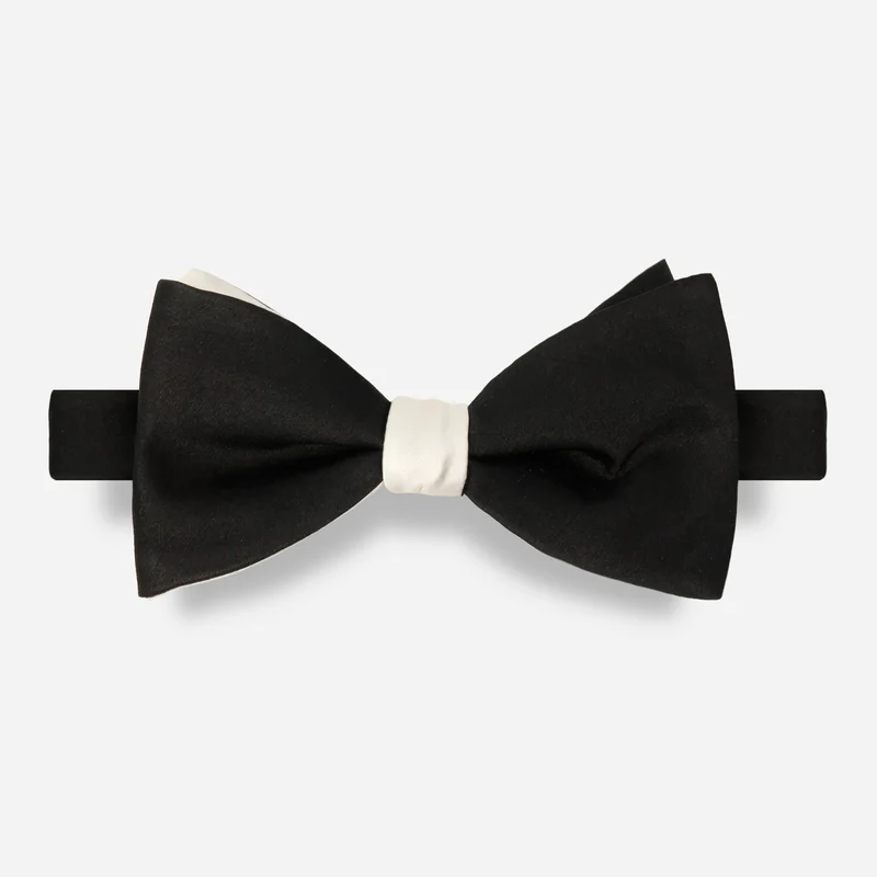 Solid Satin Black On White Bow Tie