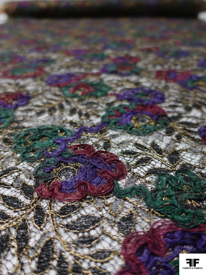 French Floral Metallic Lace with Organza Ribbon Work - Evergreen / Grape Purple / Purple / Black / Gold