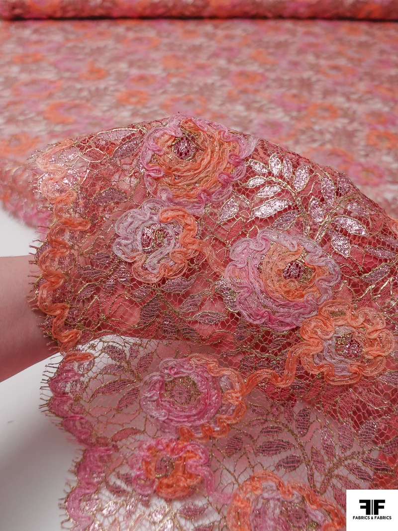 French Floral Metallic Lace with Organza Ribbon Work - Pink / Peach / Gold