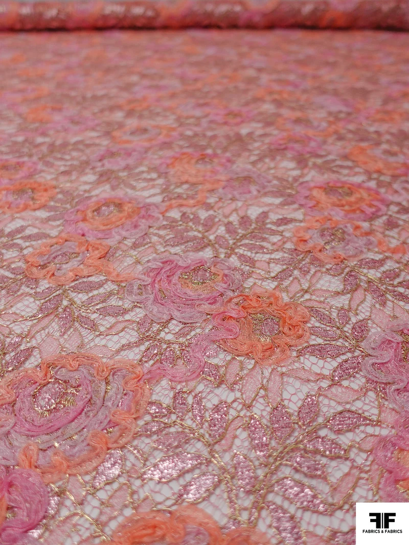 French Floral Metallic Lace with Organza Ribbon Work - Pink / Peach / Gold