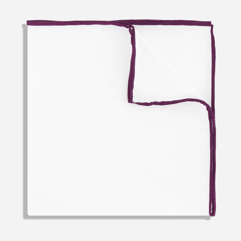White Cotton With Border Eggplant Pocket Square