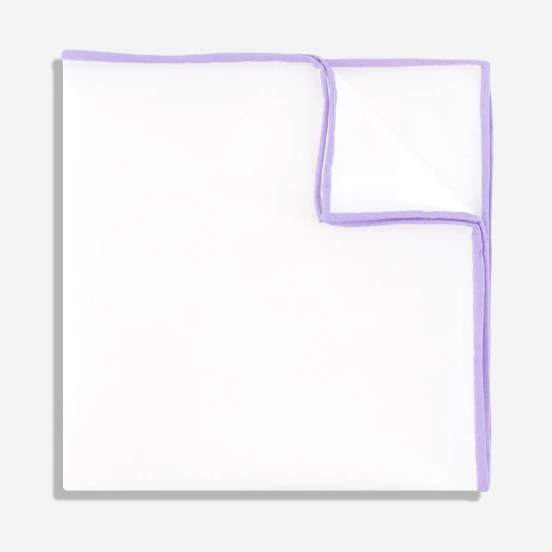 White Cotton With Border Lavender Pocket Square