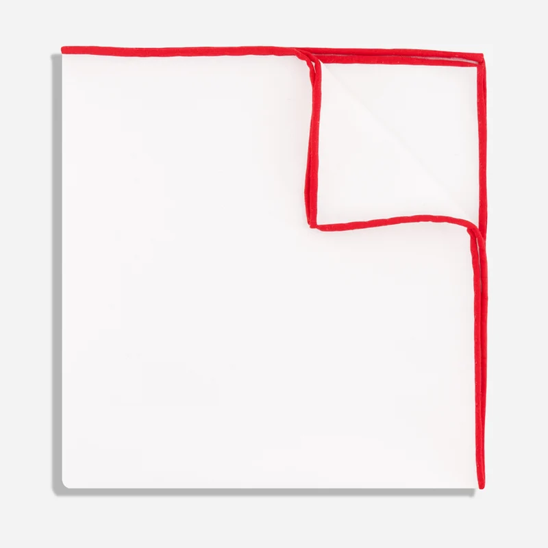 White Cotton With Border Red Pocket Square