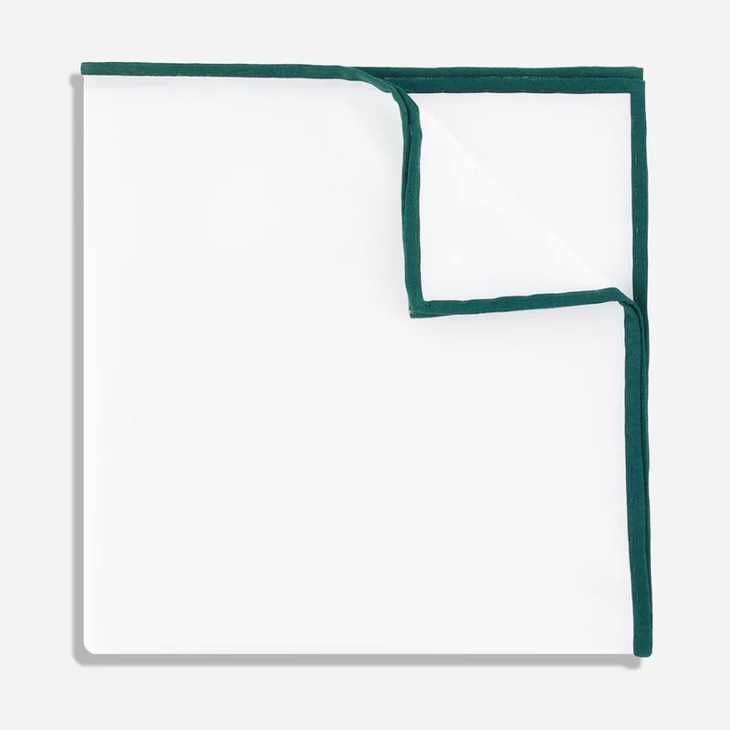 White Cotton With Border Hunter Green Pocket Square