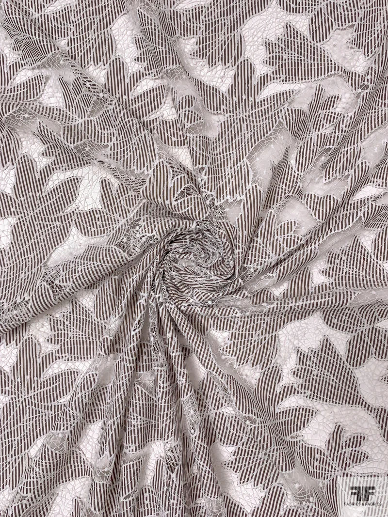 Floral Leaf Motif Embroidered Cutout Cotton Shirting - Smokey Brown / White