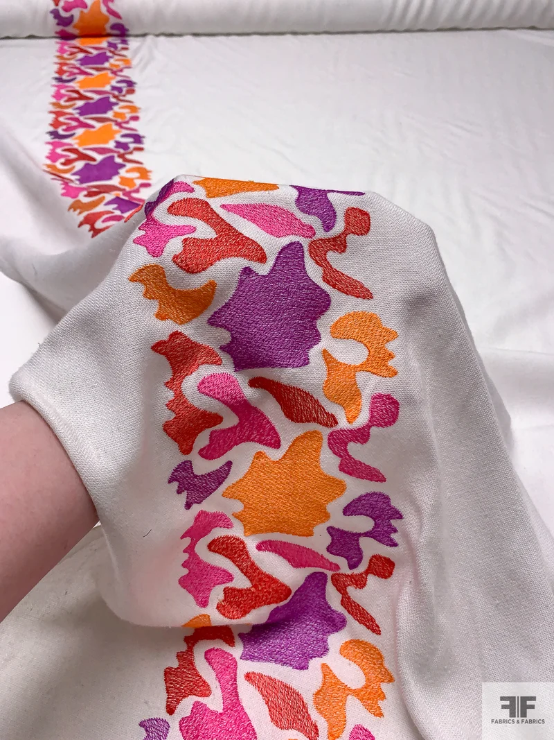 Double Border Pattern Embroidered Polyester-Rayon Tricotine - White / Purple / Red / Orange / Fuchsia