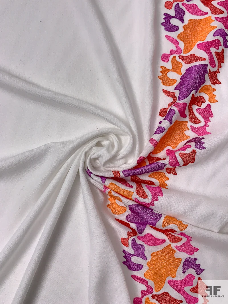 Double Border Pattern Embroidered Polyester-Rayon Tricotine - White / Purple / Red / Orange / Fuchsia