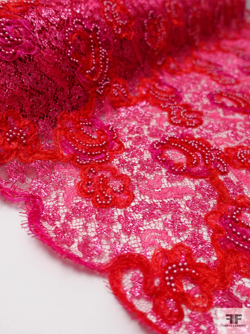 French Beaded Metallic Lace with Pearls and Organza Ribbon Work - Red / Pink