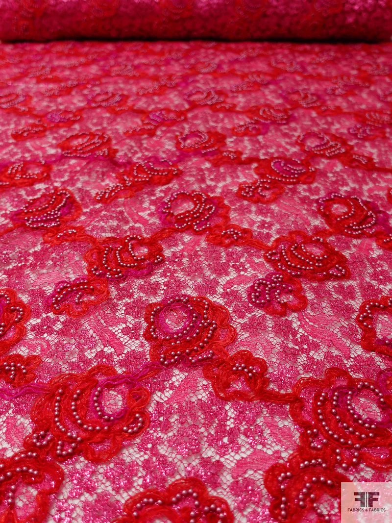 French Beaded Metallic Lace with Pearls and Organza Ribbon Work - Red / Pink