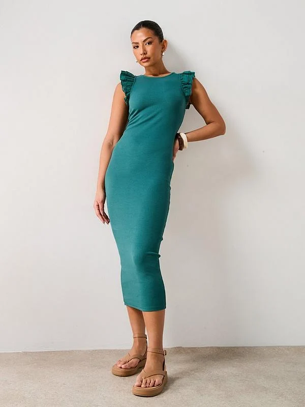 V by Very Frill Sleeve Ribbed Midaxi Dress - Khaki