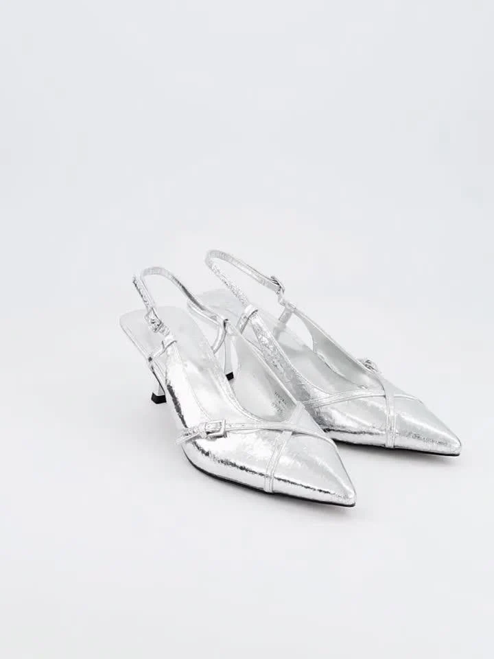 Silver Sling Back Heel Shoe