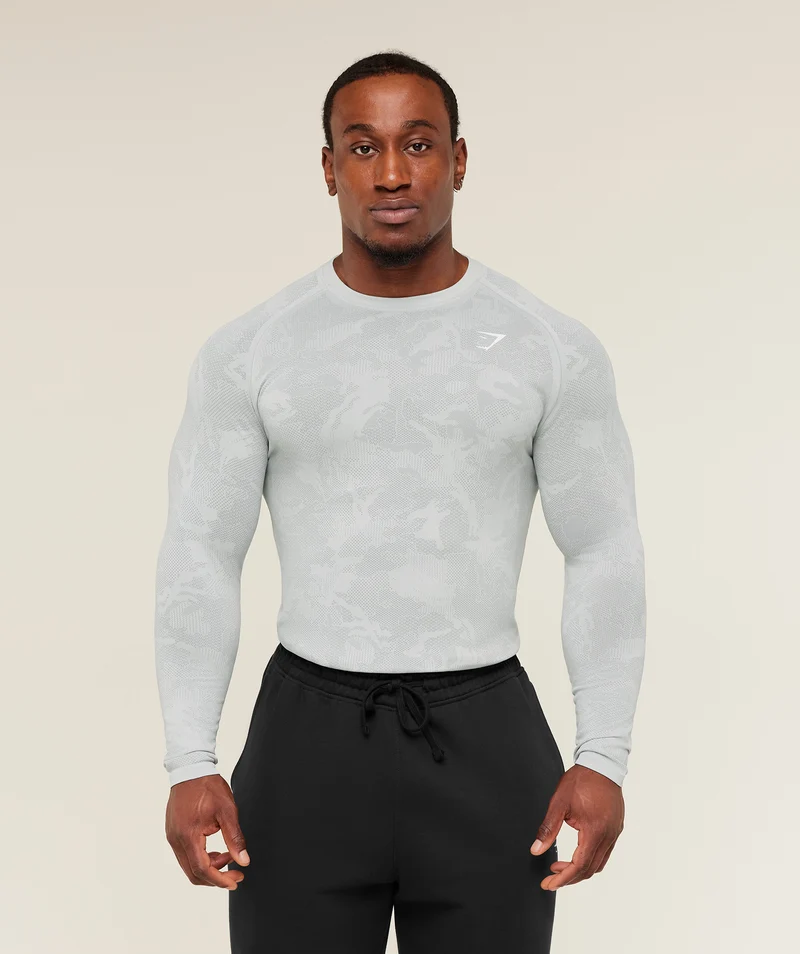 Gymshark Geo Seamless Long Sleeve T-Shirt - Light Grey/Smokey Grey