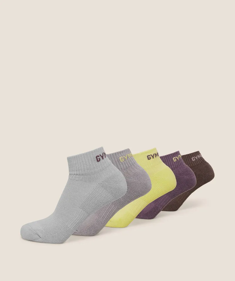 Gymshark Quarter Socks 5pk - Light Grey/Stratus Grey/Sorbet Yellow/Dusk Purple/Cool Brown