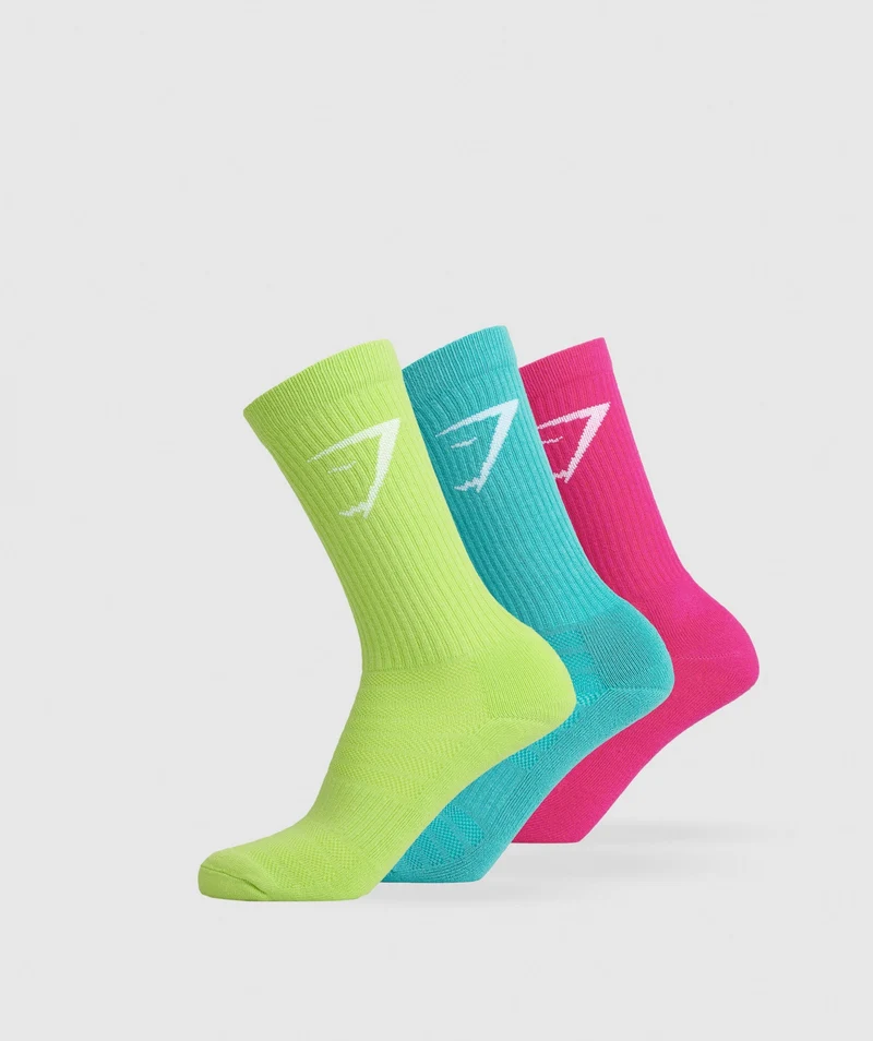 Gymshark Crew Socks 3pk - Citrus Green/Capri Blue/Bold Magenta