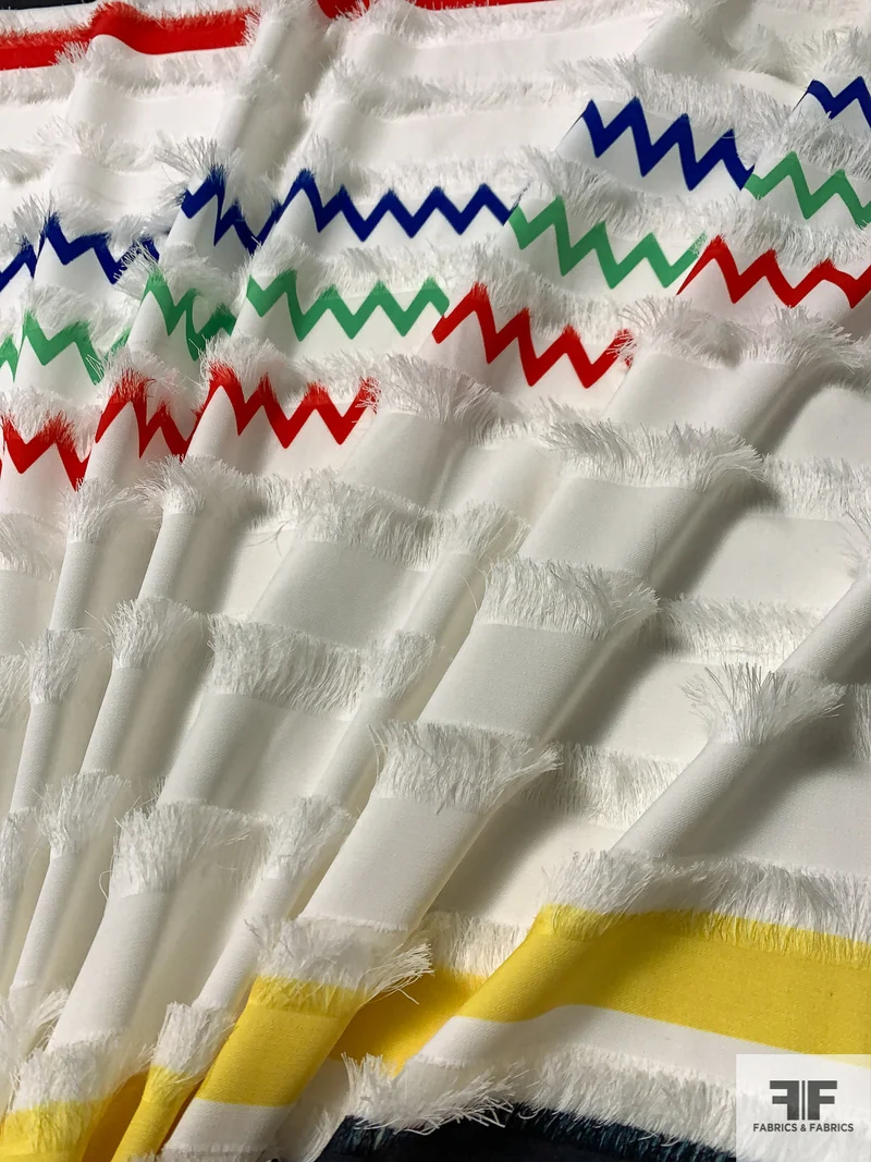 Horizontal Striped Designs with Fringe on Polyester Poplin - Multicolor / White