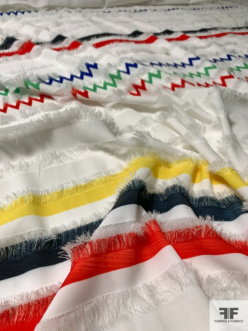 Horizontal Striped Designs with Fringe on Polyester Poplin - Multicolor / White