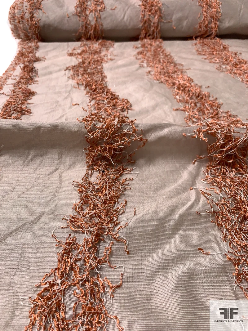 Vertical Striped Fringe Silk and Polyester Novelty - Burnt Salmon Orange / Taupe