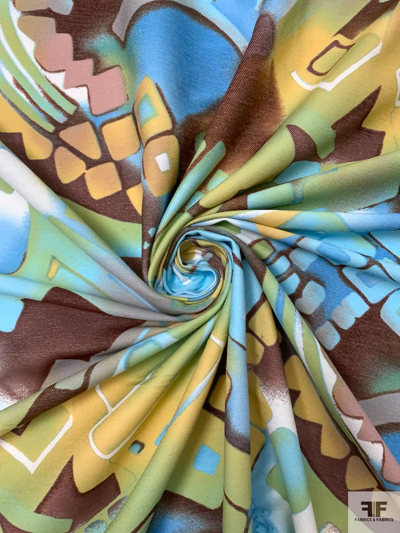 Abstract Printed Poly-Cotton Gabardine - Blue / Green / Yellow / Brown