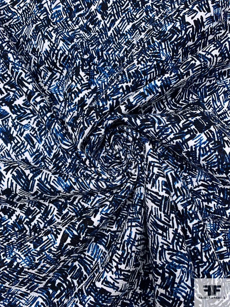 Sketch Graphic Printed Stretch Cotton Pique - Blue / Black / White
