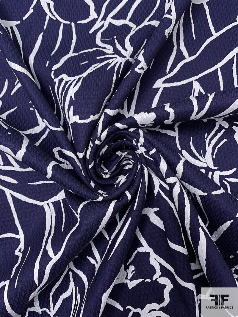 Sketch Floral Printed Stretch Cotton Pique - Navy / White