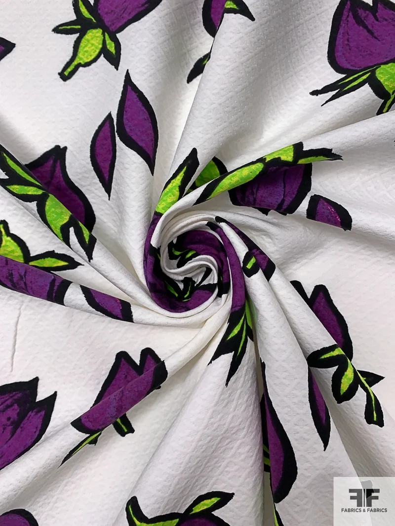 Tulip Buds Printed Cotton Pique - Purple / Bright Green / Black / White