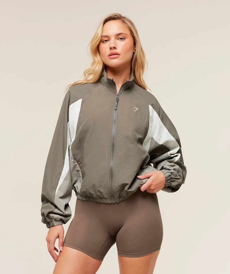 Gymshark Contrast Woven Jacket - Camo Brown/Linen Brown/Oat White
