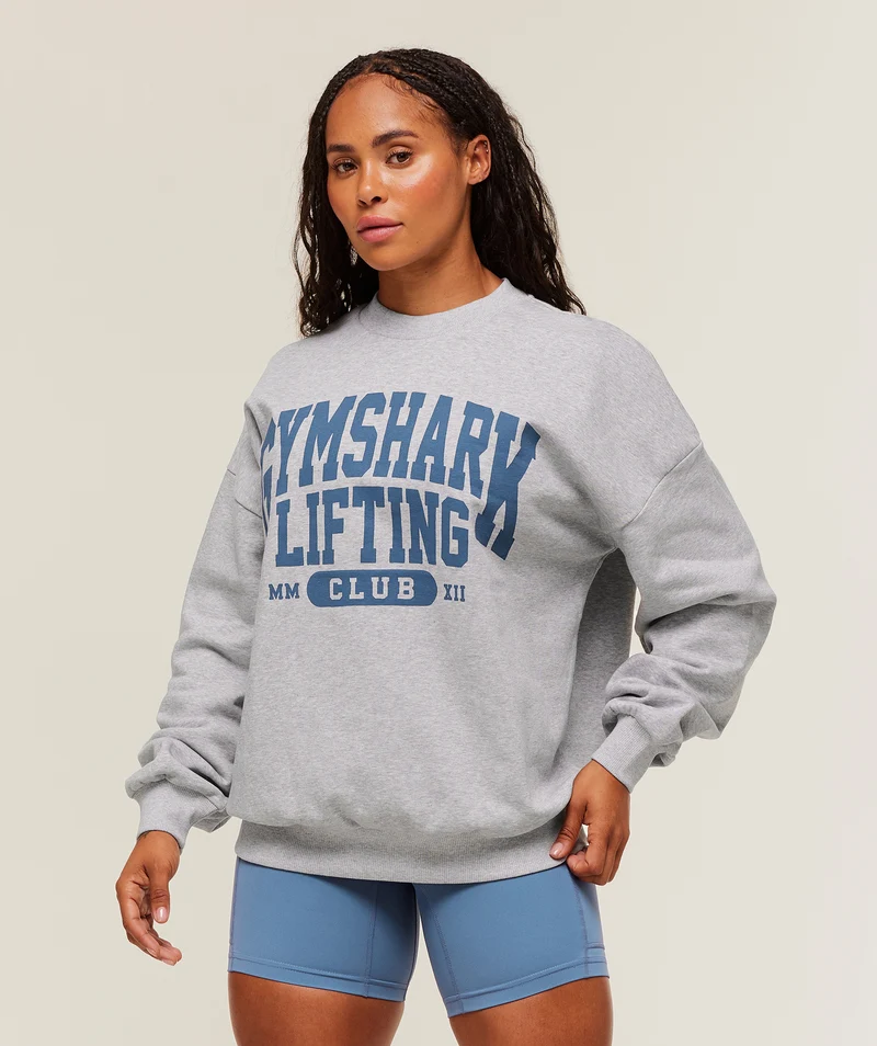 Gymshark Lifting Club Graphic Oversized Crew Neck - Light Grey Core Marl