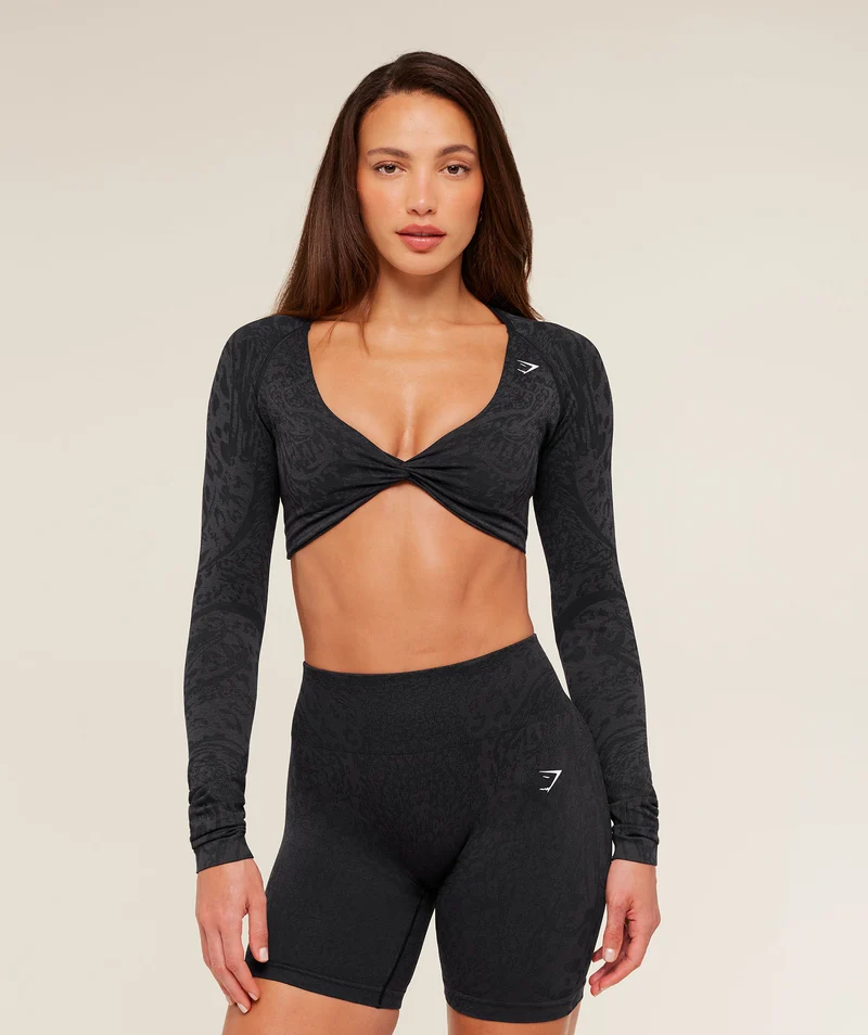 Gymshark Adapt Animal Long Sleeve Crop Top - Black/Asphalt Grey