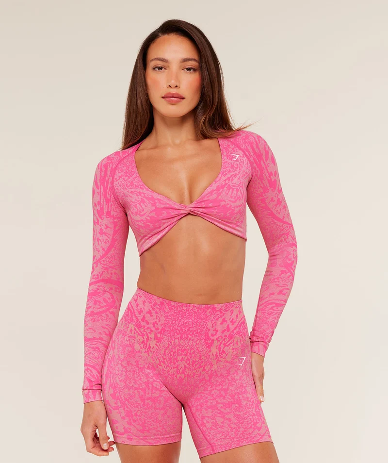 Gymshark Adapt Animal Long Sleeve Crop Top - Electric Pink/Sorbet Yellow