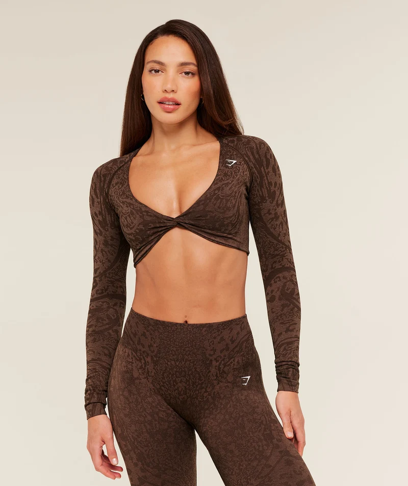 Gymshark Adapt Animal Long Sleeve Crop Top - Archive Brown/Soft Brown