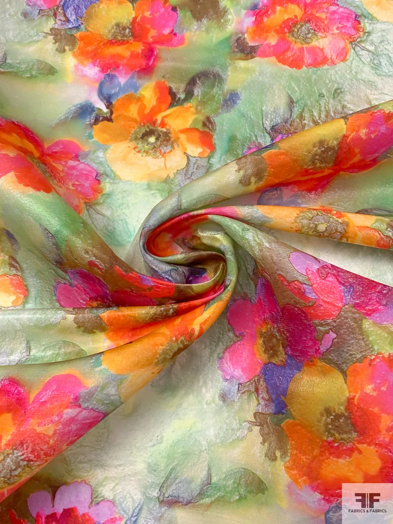 Italian Painterly Floral Printed Shimmer Linen-Nylon Novelty - Green / Pinks / Orange / Purples
